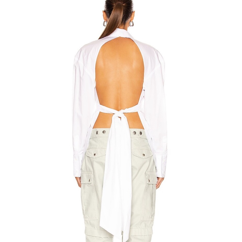 Seroya Mari Backless Tie‎ Knot Front Dress Shirt​ Poplin White Cotton XS